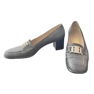 Vintage Salvatore Ferragamo Silver Buckle Block Heel Loafers Size 8.5AA